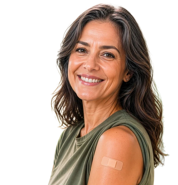 Mulher sorrindo com curativo no braço após se vacinar